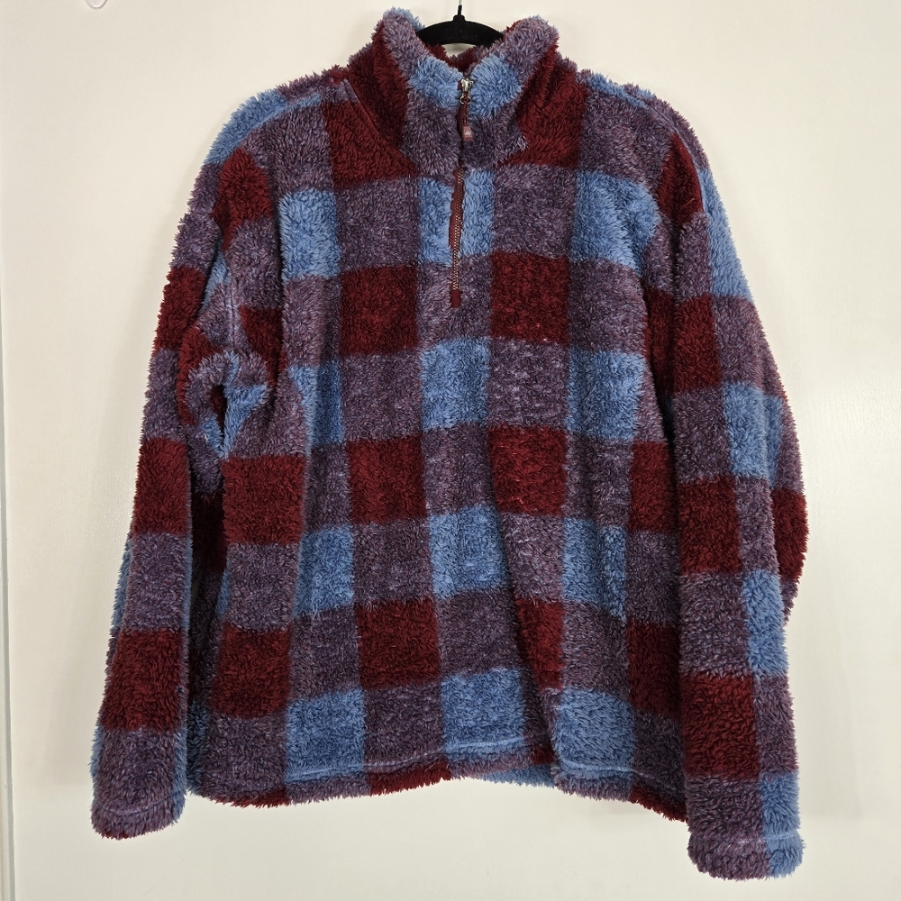 Eddie Bauer Womens XL Fleece Pullover Plaid Quarter Zip Cozy Warm Comfy Blue Red - Picture 3 of 14